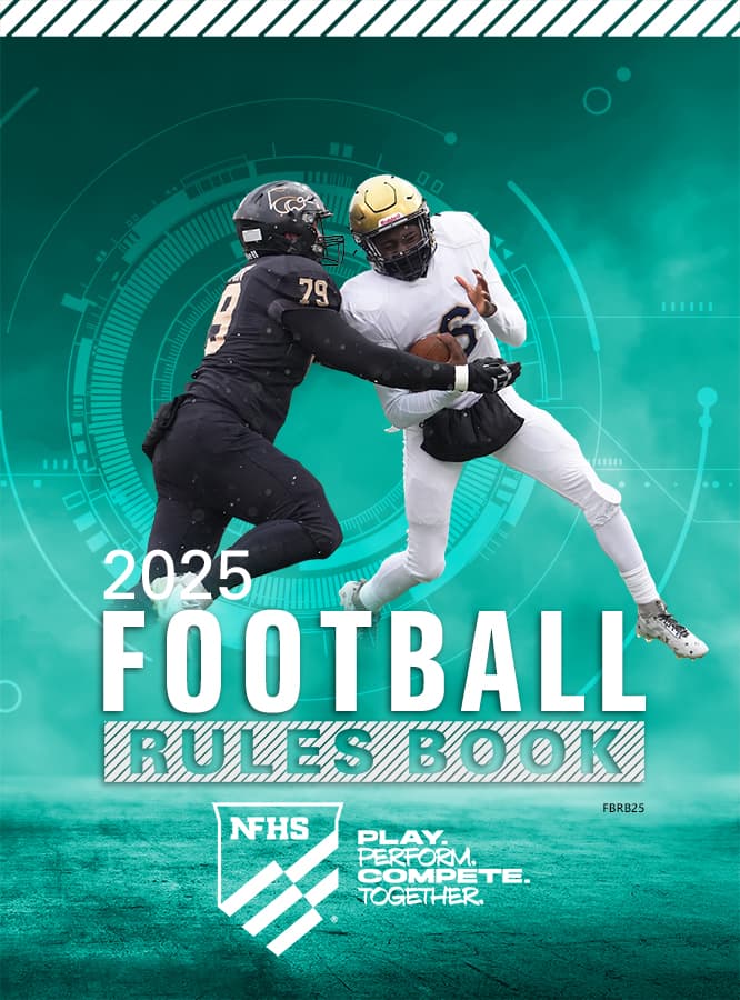 Two football players in action on the cover of the 2025 NFHS Football Rules Book, with a teal background and text overlay.